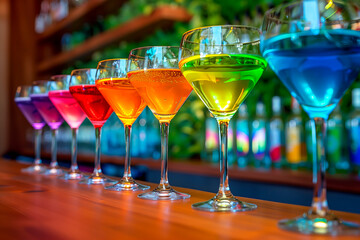 row of neon cocktails arranged on a bar counter, with a soft blurred background 