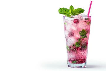 summer cocktail in a glass with a straw on the white background