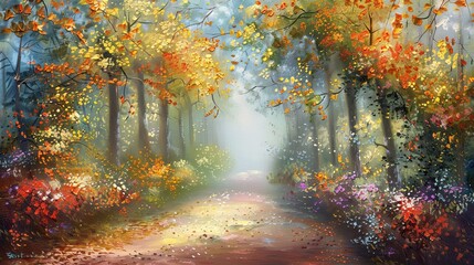 A romantic oil painting of a pathway lined with trees, their branches heavy with autumn flowers, leading into the distance.