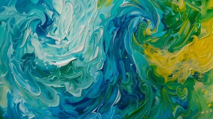 A vibrant abstract oil paint background with swirling patterns of blues, greens, and yellows, reminiscent of a lively ocean scene