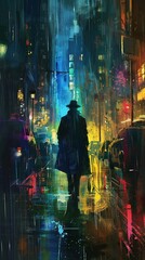 Craft a scene from a noir detective story set in a rain-soaked metropolis where a trench-coated figure stands in the shadows