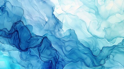 Abstract watercolor background with fluid blue and turquoise patterns resembling ocean waves.