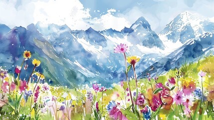 Alpine meadow filled with colorful watercolor flowers against a backdrop of snow-capped mountains, capturing the beauty of contrasting landscapes. - obrazy, fototapety, plakaty