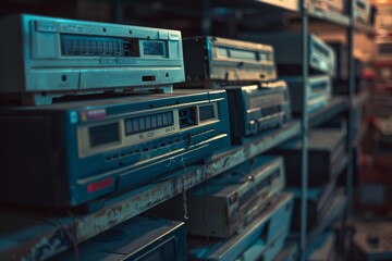 old retro electronics equipment for audio and video - obrazy, fototapety, plakaty