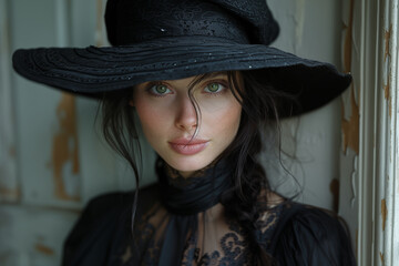 modern and most beautiful girl from the royal family with a hat and dressed in a black dress, who...
