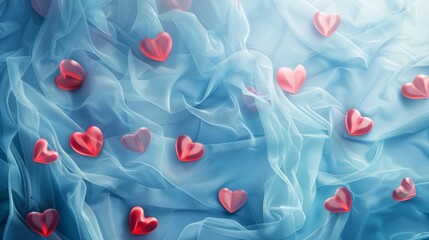 Light elegant wallpaper made of pastel and blue tulle fabric with vibrant pastel heart red shapes