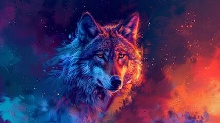 Illustration of a wolf in the background of a colorful fire.