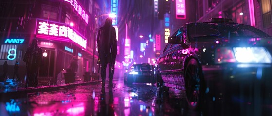 Envision a cyberpunk cityscape at night with neon lights reflecting off rain-soaked streets