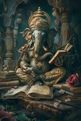 Fototapeta na wymiar Ganeshs Wisdom Circle - A whimsical depiction of Ganesh surrounded by ancient scrolls and books with a pen in hand
