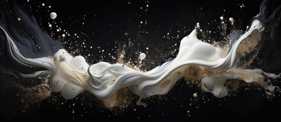 A splash of milk and powder contrasts beautifully against the darkness of a black background,...