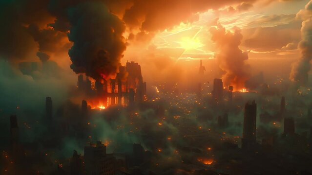 Urban infernos blaze through buildings, depicting the catastrophic impact of city fires.