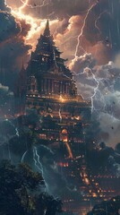 Indras Celestial Palace - An opulent vision of Indras palace in the heavens surrounded by storm clouds and lightning
