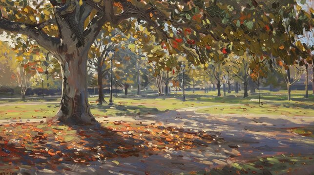 An oil painting featuring a historic tree in a city park, its autumn flowers providing a contrast to the urban environment.