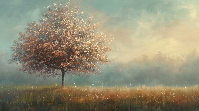 An oil painting of a tree during a calm autumn morning, its flowers covered in dew, reflecting the tranquility of the season.