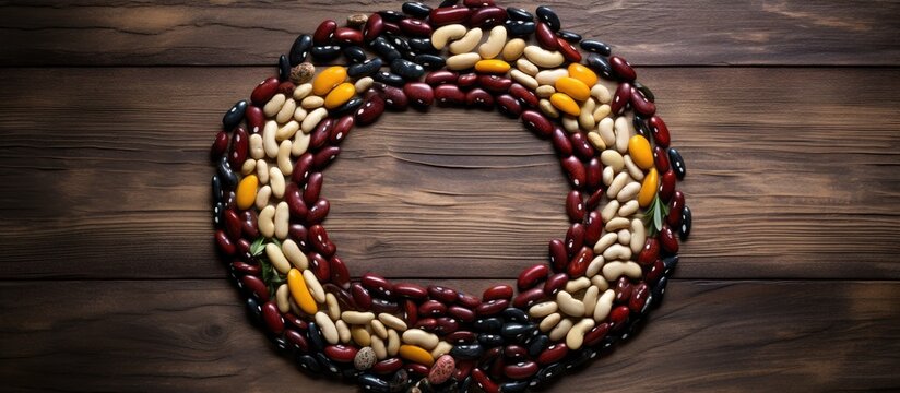 A body jewelry piece made of natural materials like beans, forming a creative arts circle on a wooden table. The bracelet resembles a wreath with violet accents