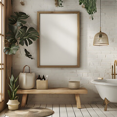 a photo realistic mockup for landscape landscape canvas wall art featuring a frame with blank insert hung on a bathroom wall in the style of modern rustic