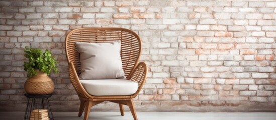 A wooden wicker chair with a cushion sits on the hardwood flooring in front of a brick wall. The cozy furniture piece provides comfort and compliments the rectangular building structure - obrazy, fototapety, plakaty
