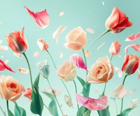 Cloud creative love concept of fresh Spring flowers in the sky background. Love, happy Valentine's Day