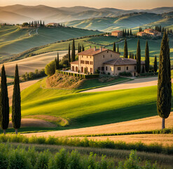 Tuscany landscape at sunset with villas and cypresses