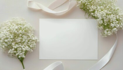 Empty wedding card, background with gypsophila flowers, satin ribbon and white background with created with generative ai