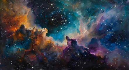 Cosmic nebulae and starfields, captured in the deep colors of space, represented in oil paints. - obrazy, fototapety, plakaty