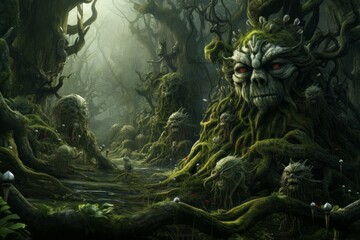 Grotesque Fantasy forest monster. Adventure fight. Generate Ai - obrazy, fototapety, plakaty