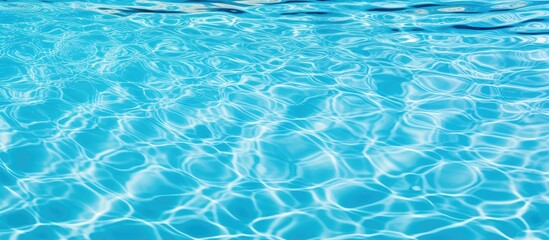 A close up of the liquid in a swimming pool shows a mesmerizing pattern of azure waves, creating an electric blue and fluid surface