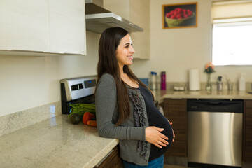 Fototapeta na wymiar Happy pregnant woman at home in the kitchen