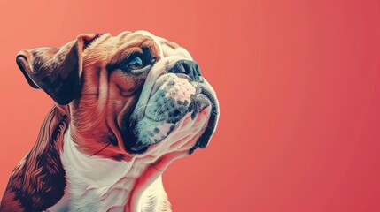 Portrait of a dog breed English Bulldog on a red background - obrazy, fototapety, plakaty