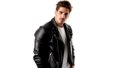 Fototapeta premium Fashionable Elegant Man in a Black Leather Jacket Looking at the Camera