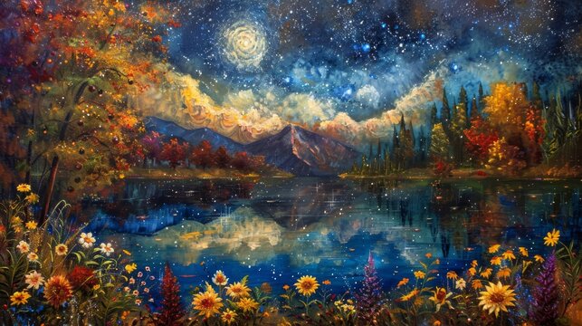 Dreamy oil painting of a starry night over an autumn landscape, with the cosmos reflecting off a lake surrounded by trees and flowers.