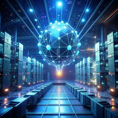 virtual reality simulation of a futuristic data center, with streams of binary code and glowing nodes interlinking in a vast digital network  - obrazy, fototapety, plakaty