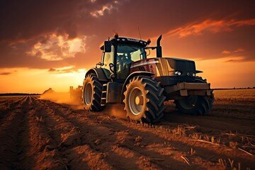 Tractor with a sprayer on a field at sunset. Agricultural machinery. - obrazy, fototapety, plakaty