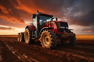 Fototapeta premium Tractor with a sprayer on a field at sunset. Agricultural machinery.
