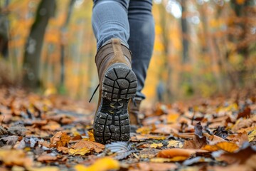 tourist walks in the autumn forest, feet close-up