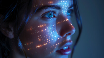 Woman's face with digital reflections, neon lights and light halos, digital technlogy visualisation