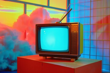 Vintage television on color background