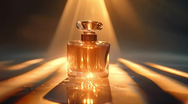 A glamorous perfume bottle in a soft spotlight, creating a sense of allure.
