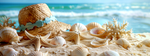 Fototapeta na wymiar Beach Scene with Starfish, Seashells and Hat