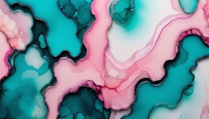 Epoxy resin texture with pink and green background. Luxurious abstract liquid art painting using alcohol ink technique, liquid art, liquid oil. Abstract marble waves.