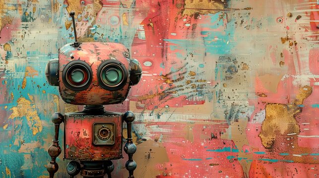 A quirky vintage robot in front of a vibrant, abstract painted background, evoking a sense of nostalgia and whimsy.