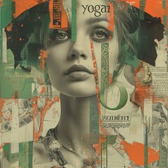Abstract yoga-themed female portrait collage: artistic collage with a female face, incorporating yoga motifs in a vibrant, textured montage