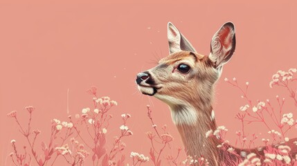 Deer with flowers on a pink background. Copy space