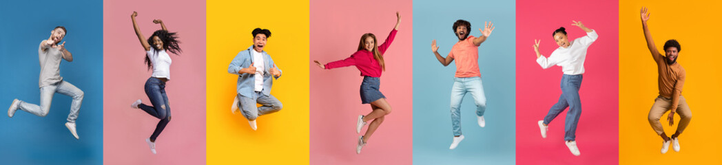 Multiethnic young people wearing casual clothes having fun on colorful studio backgrounds