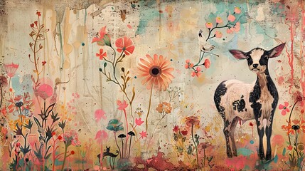 A charming vintage-style goat stands serenely among pastel-hued flowers in a soft, textured illustration.