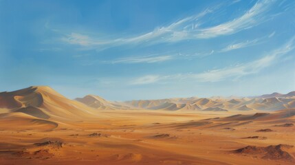 Fototapeta na wymiar Expansive desert landscape with towering sand dunes under a scorching sun, painted in oil.