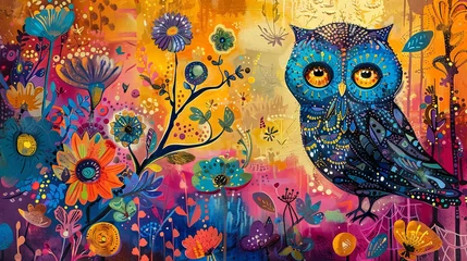 Gardinen A stylized owl perches amidst a burst of colorful, whimsical flowers in an enchanting, artistic display. © soysuwan123