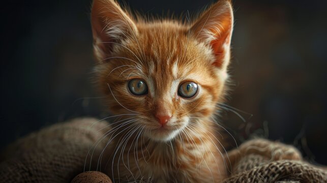 Cute ginger kitten on dark background, closeup. Adorable pet
