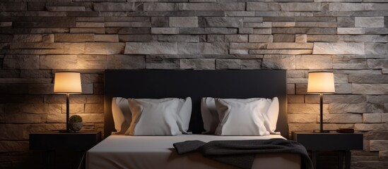 A cozy bedroom with a wooden bed, soft lamps, and a charming brick wall. The room gives a warm and rustic vibe, perfect for a relaxing nights sleep