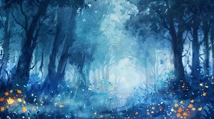 Zelfklevend Fotobehang Fantasy watercolor landscape of a mystical blue forest with glowing flowers and mist. © furyon